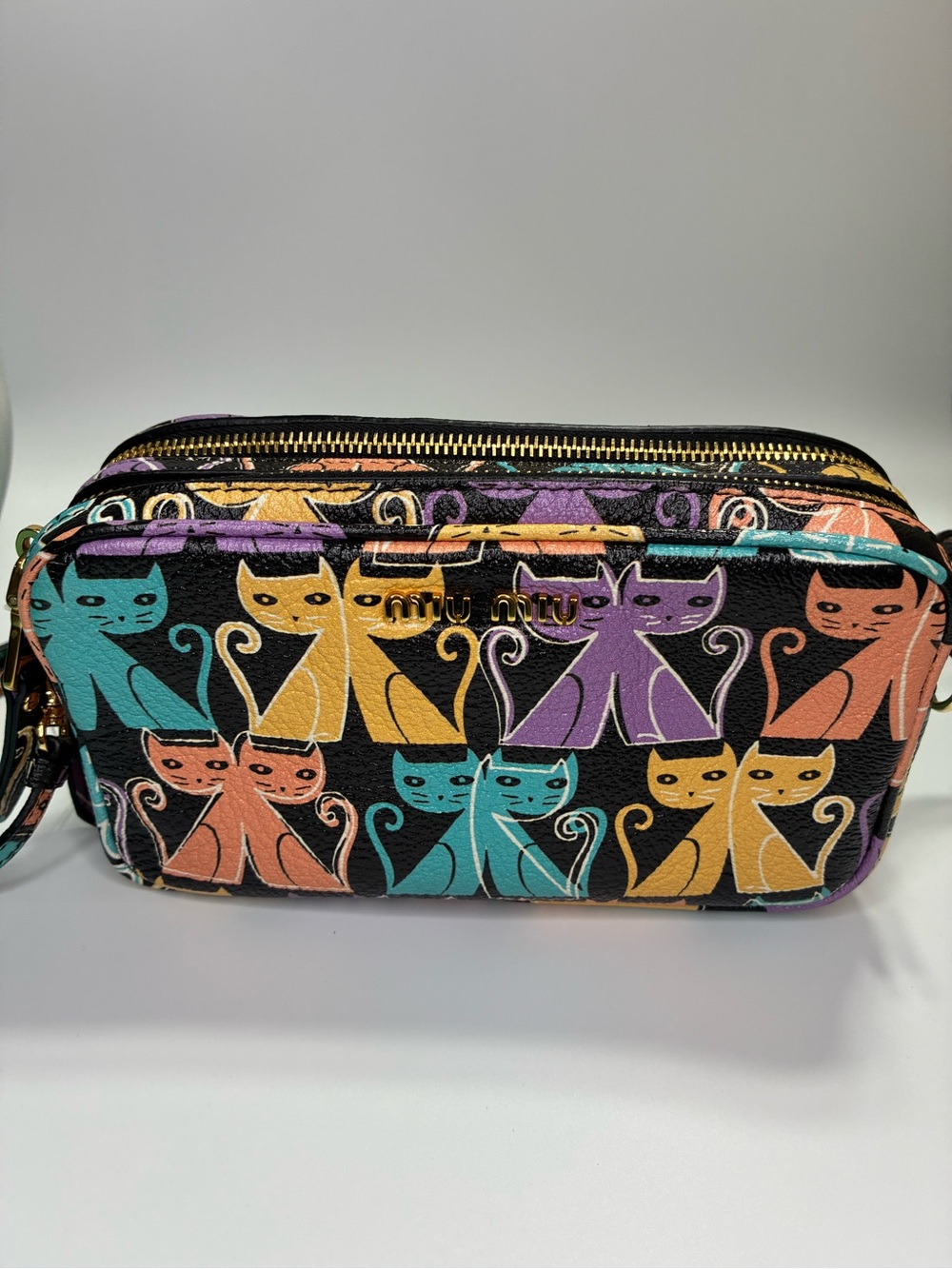 Miu Miu Black Leather Crossbody with Multicolor Cat Motif